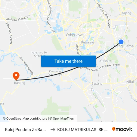 Kolej Pendeta Za'Ba UKM (Kj232) to KOLEJ MATRIKULASI SELANGOR (KMS) map