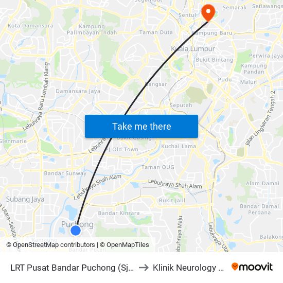 LRT Pusat Bandar Puchong (Sj735) to Klinik Neurology HKL map