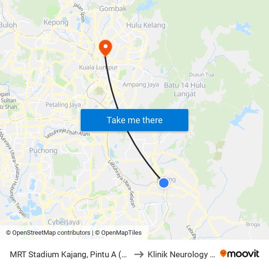 MRT Stadium Kajang, Pintu A (Kj822) to Klinik Neurology HKL map