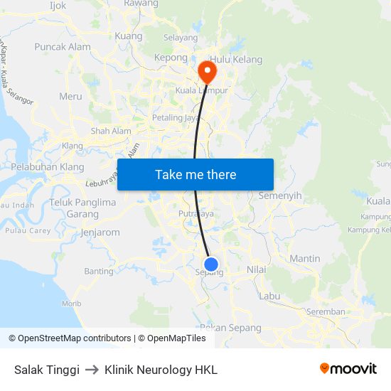 Salak Tinggi to Klinik Neurology HKL map