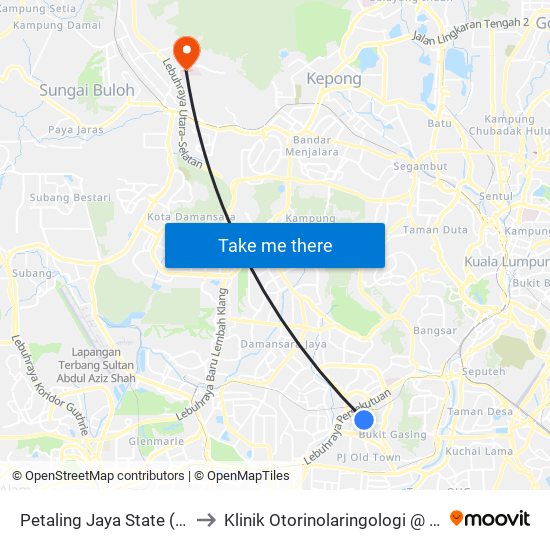 Petaling Jaya State (Utara) (Pj433) to Klinik Otorinolaringologi @ Hospital Sg Buloh map