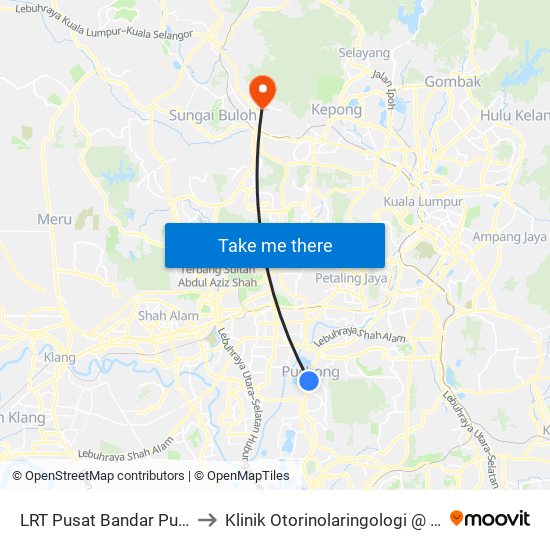 LRT Pusat Bandar Puchong (Sj735) to Klinik Otorinolaringologi @ Hospital Sg Buloh map