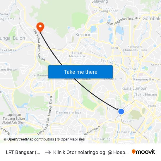 LRT Bangsar (Kl1096) to Klinik Otorinolaringologi @ Hospital Sg Buloh map