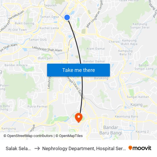 Salak Selatan to Nephrology Department, Hospital Serdang map