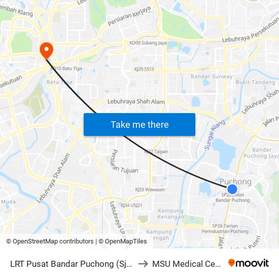 LRT Pusat Bandar Puchong (Sj735) to MSU Medical Centre map