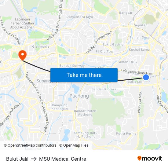 Bukit Jalil to MSU Medical Centre map