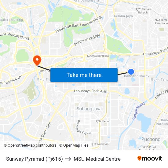 Sunway Pyramid (Pj615) to MSU Medical Centre map