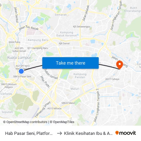 Hab Pasar Seni, Platform G (Kl1596) to Klinik Kesihatan Ibu & Anak Ampang map