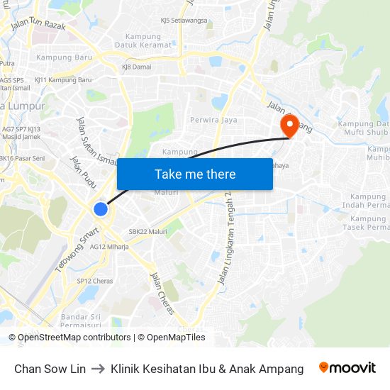 Chan Sow Lin to Klinik Kesihatan Ibu & Anak Ampang map