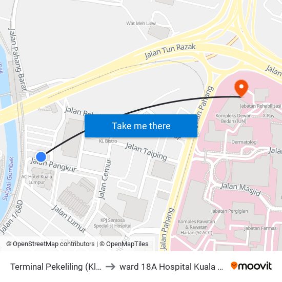 Terminal Pekeliling (Kl1818) to ward 18A Hospital Kuala Lumpur map