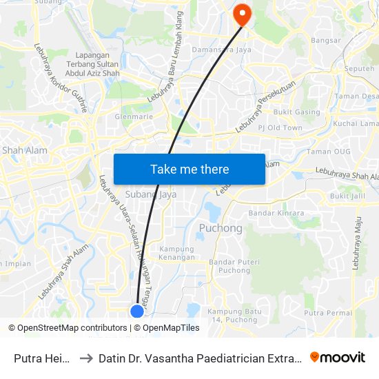 Putra Heights to Datin Dr. Vasantha Paediatrician Extraordinaire map