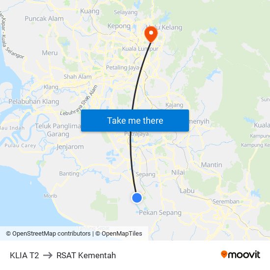 KLIA T2 to RSAT Kementah map