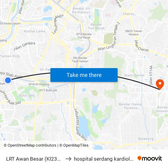 LRT Awan Besar (Kl2324) to hospital serdang kardiologi map