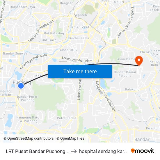 LRT Pusat Bandar Puchong (Sj735) to hospital serdang kardiologi map