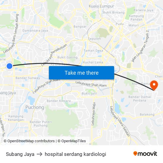 Subang Jaya to hospital serdang kardiologi map