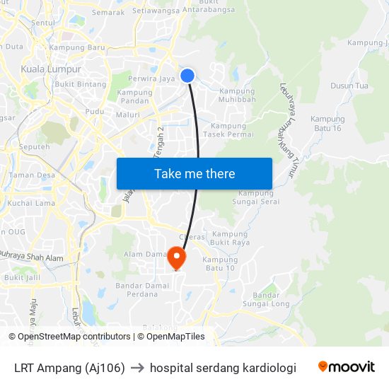 LRT Ampang (Aj106) to hospital serdang kardiologi map