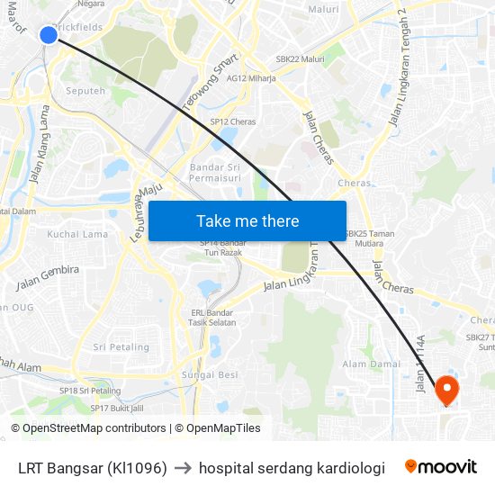 LRT Bangsar (Kl1096) to hospital serdang kardiologi map