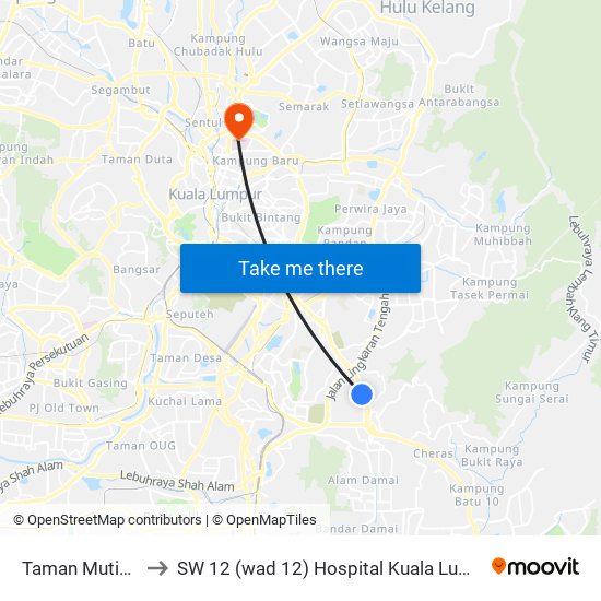 Taman Mutiara to SW 12 (wad 12) Hospital Kuala Lumpur map