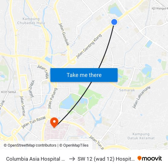 Columbia Asia Hospital Setapak (Kl1598) to SW 12 (wad 12) Hospital Kuala Lumpur map