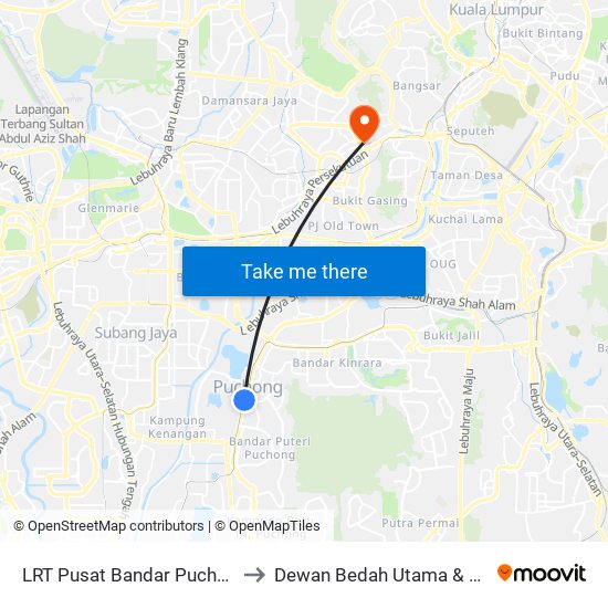 LRT Pusat Bandar Puchong (Sj735) to Dewan Bedah Utama & CICU PPUM map