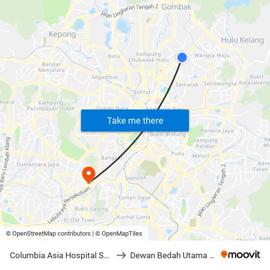 Columbia Asia Hospital Setapak (Kl1598) to Dewan Bedah Utama & CICU PPUM map