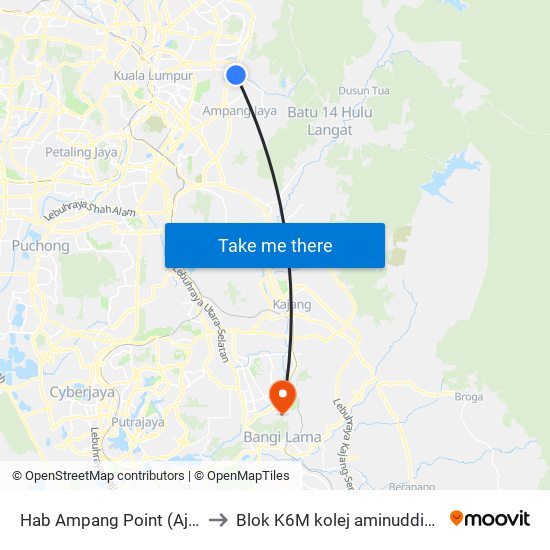 Hab Ampang Point (Aj108) to Blok K6M kolej aminuddin baki map