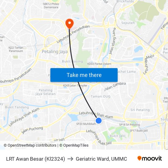 LRT Awan Besar (Kl2324) to Geriatric Ward, UMMC map