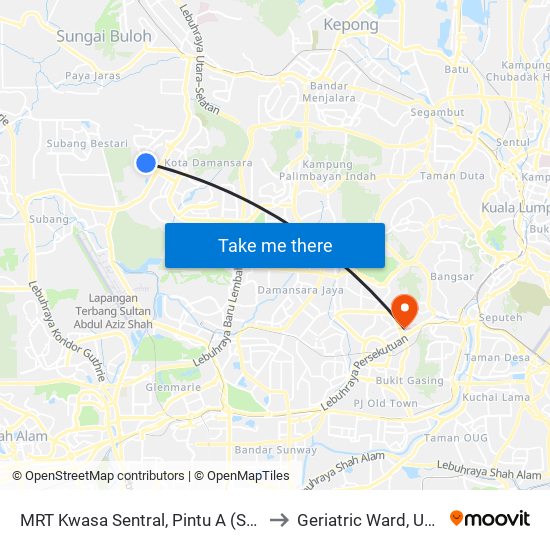 MRT Kwasa Sentral, Pintu A (Sa1020) to Geriatric Ward, UMMC map