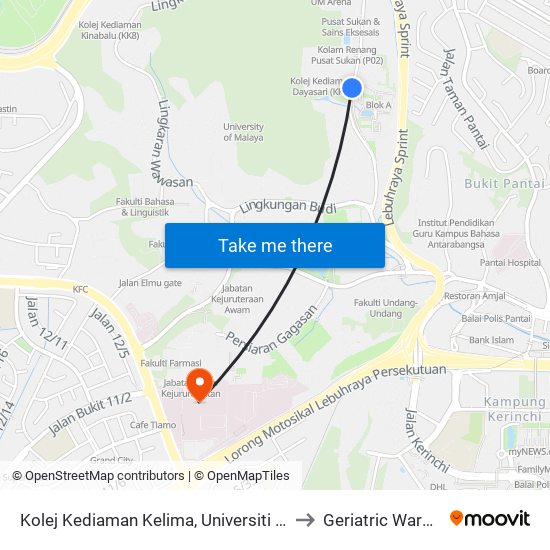 Kolej Kediaman Kelima, Universiti Malaya (Kl2343) to Geriatric Ward, UMMC map