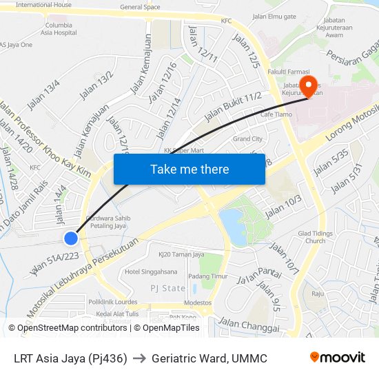 LRT Asia Jaya (Pj436) to Geriatric Ward, UMMC map