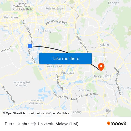 Putra Heights to Universiti Malaya (UM) map