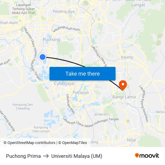 Puchong Prima to Universiti Malaya (UM) map