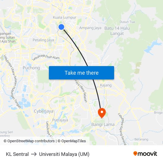 KL Sentral to Universiti Malaya (UM) map