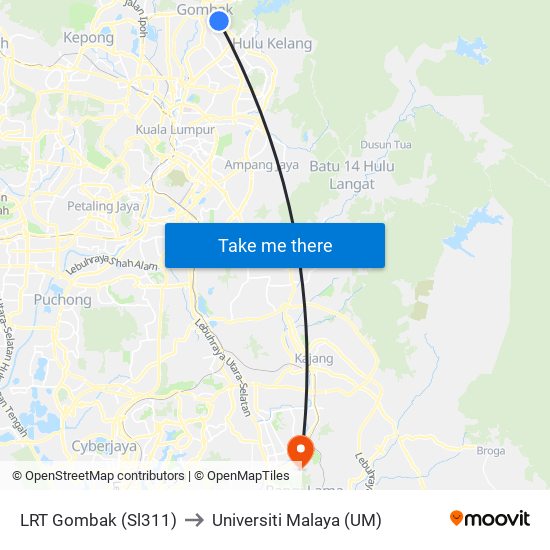 LRT Gombak (Sl311) to Universiti Malaya (UM) map