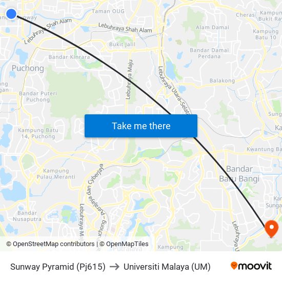 Sunway Pyramid (Pj615) to Universiti Malaya (UM) map