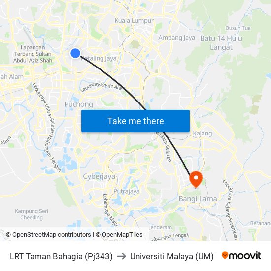 LRT Taman Bahagia (Pj343) to Universiti Malaya (UM) map