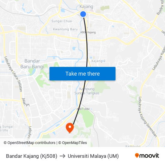 Bandar Kajang (Kj508) to Universiti Malaya (UM) map
