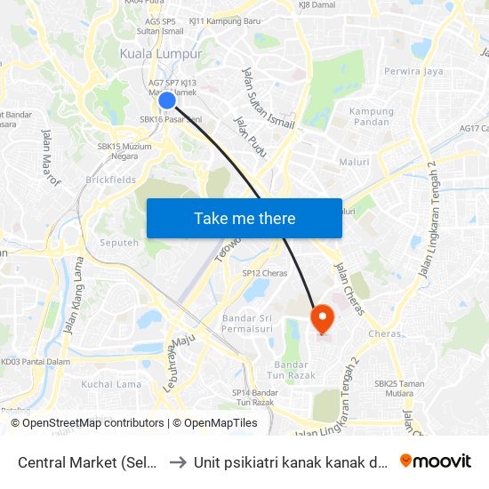 Central Market (Selatan) (Kl109) to Unit psikiatri kanak kanak dan remaja, HUKM map