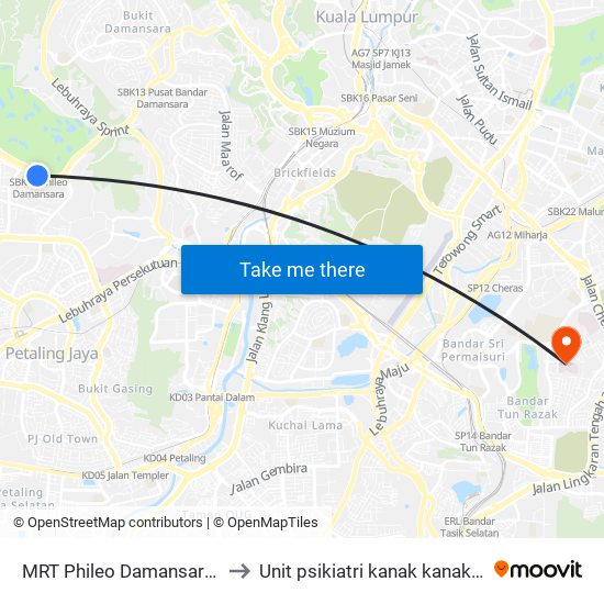 MRT Phileo Damansara, Pintu A (Pj823) to Unit psikiatri kanak kanak dan remaja, HUKM map