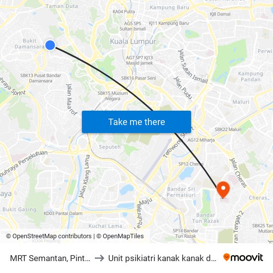 MRT Semantan, Pintu B (Kl1174) to Unit psikiatri kanak kanak dan remaja, HUKM map