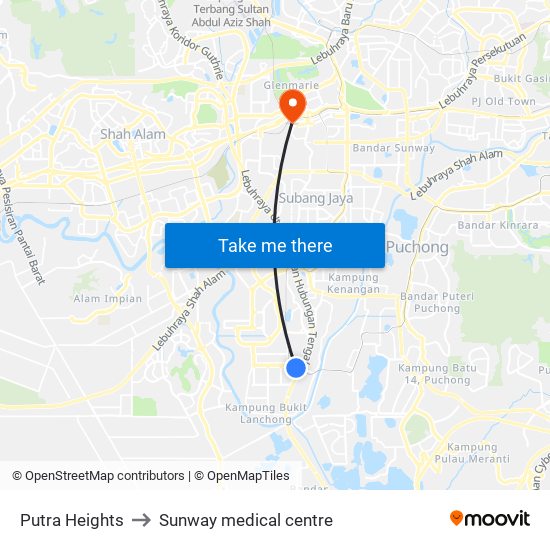 Putra Heights to Sunway medical centre map