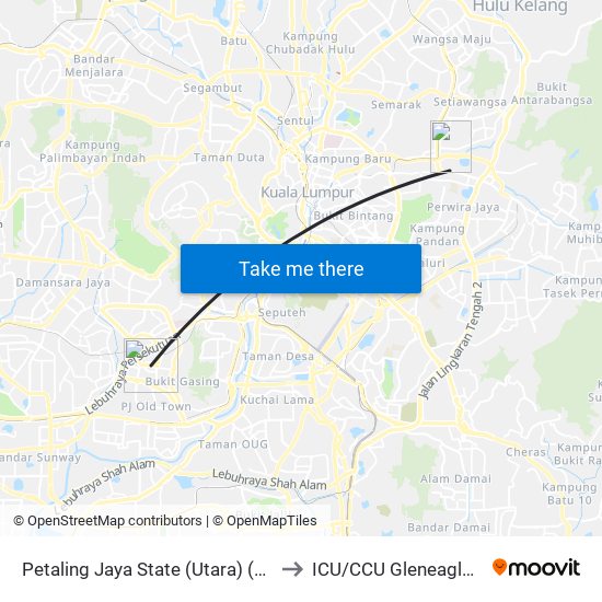 Petaling Jaya State (Utara) (Pj433) to ICU/CCU Gleneagles KL map