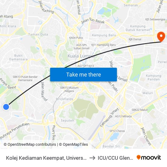 Kolej Kediaman Keempat, Universiti Malaya (Kl2348) to ICU/CCU Gleneagles KL map