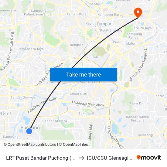 LRT Pusat Bandar Puchong (Sj735) to ICU/CCU Gleneagles KL map