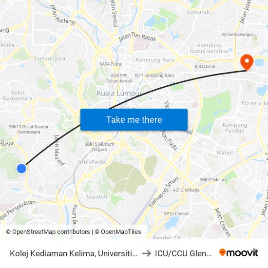 Kolej Kediaman Kelima, Universiti Malaya (Kl2343) to ICU/CCU Gleneagles KL map