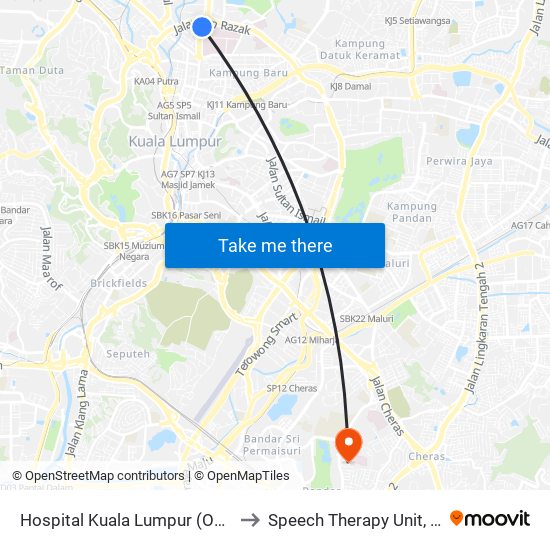 Hospital Kuala Lumpur (Opp) (Kl54) to Speech Therapy Unit, PPUKM map