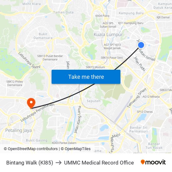 Bintang Walk (Kl85) to UMMC Medical Record Office map