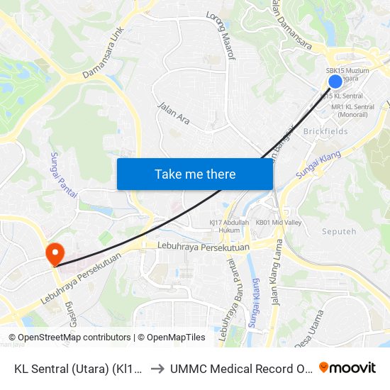KL Sentral (Utara) (Kl1077) to UMMC Medical Record Office map