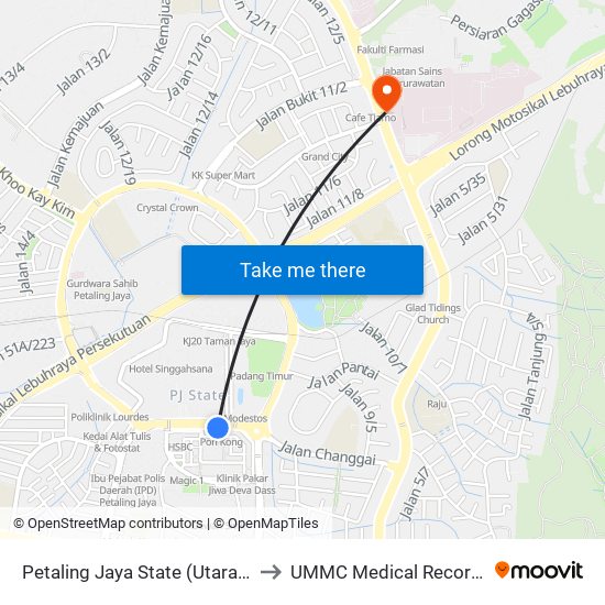 Petaling Jaya State (Utara) (Pj433) to UMMC Medical Record Office map