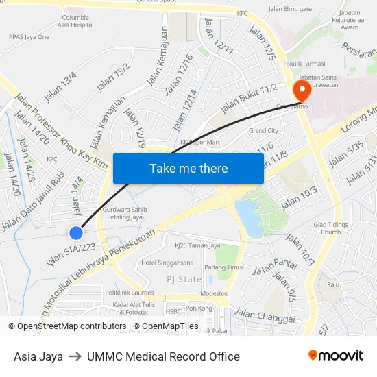 Asia Jaya to UMMC Medical Record Office map